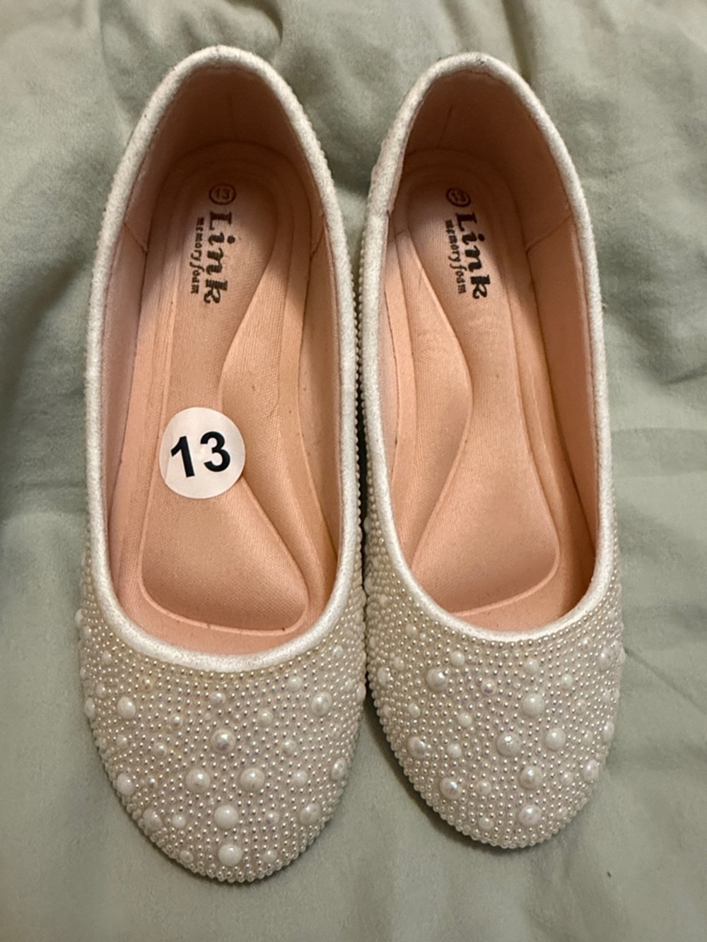 Link White Pearl-Embellished Girls' Ballet Flats - Memory Foam
